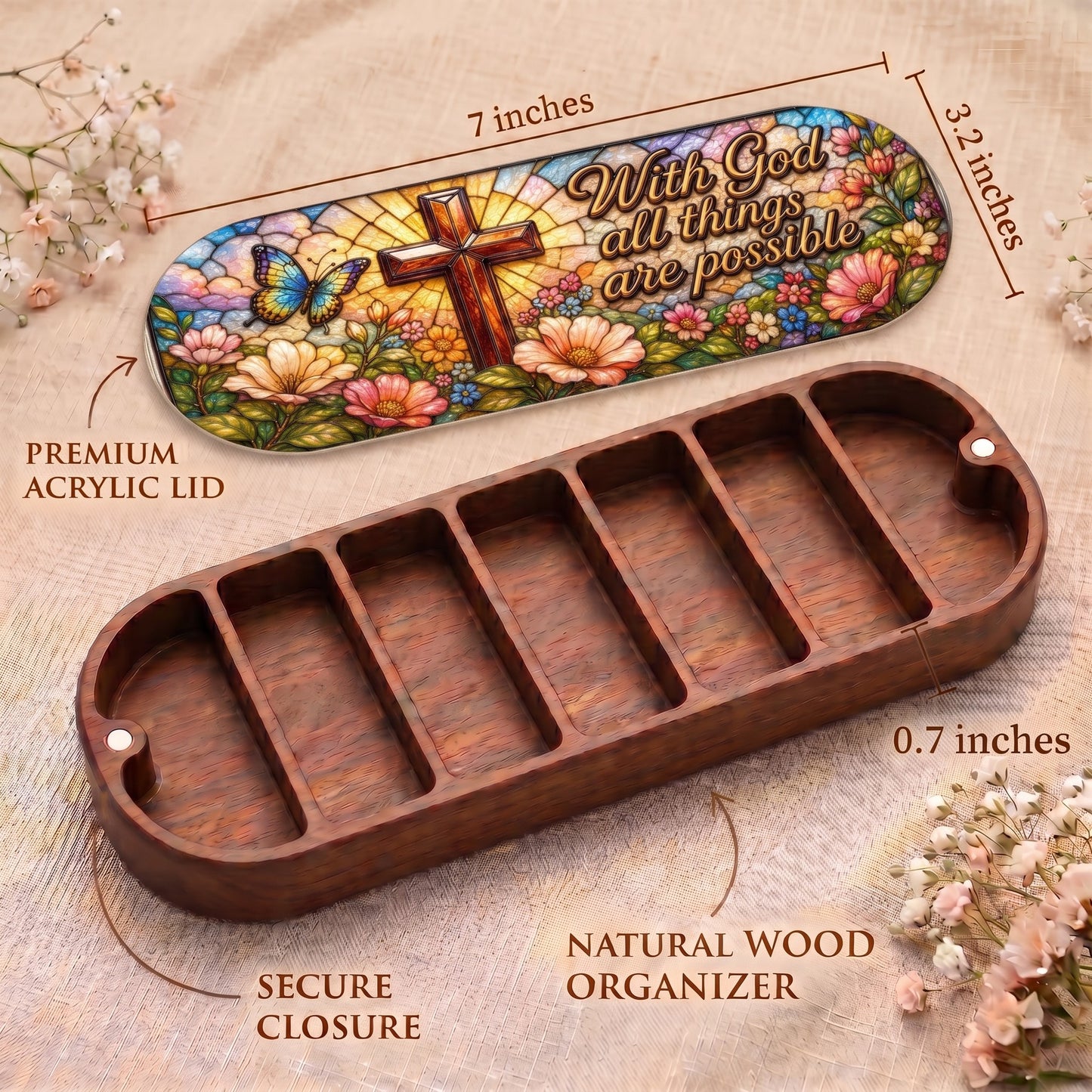With God All Things Are Possible Pillcase dimensions with acrylic lid, secure closure and natural wood organizer
