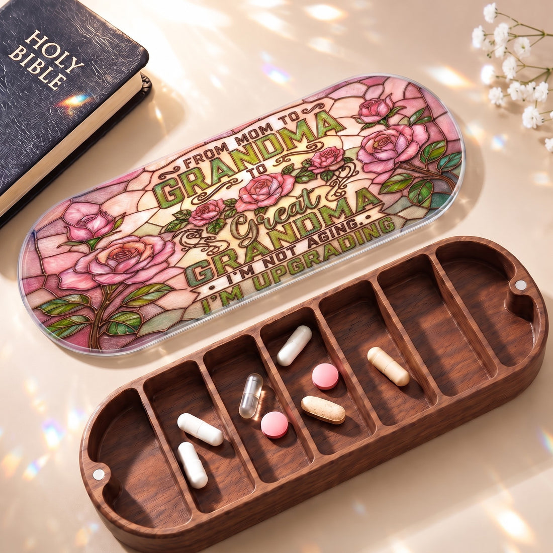 From Mom to Grandma to Great Grandma Pillcase with Holy Bible and daily tablets