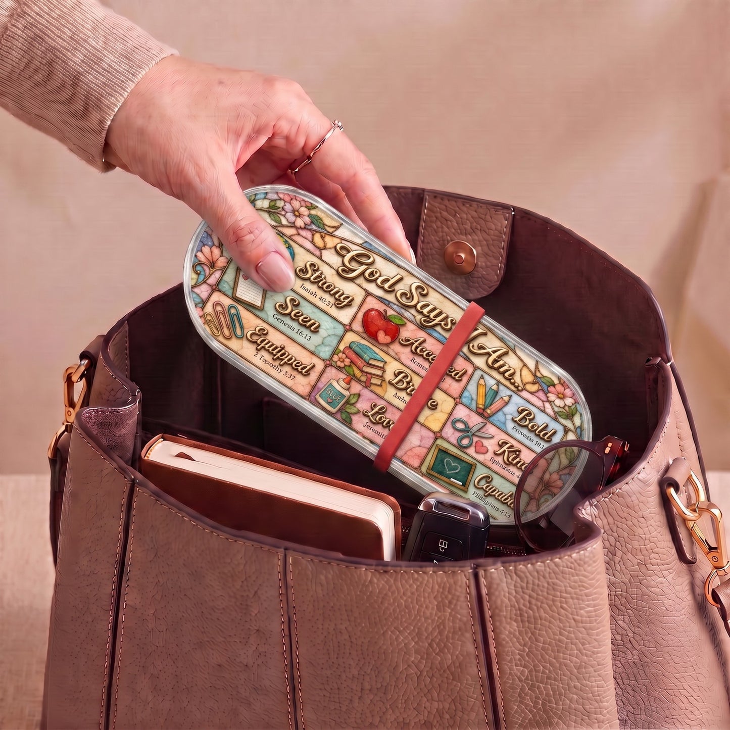 God Says I Am teacher affirmations Pillcase carried inside a handbag with everyday essentials
