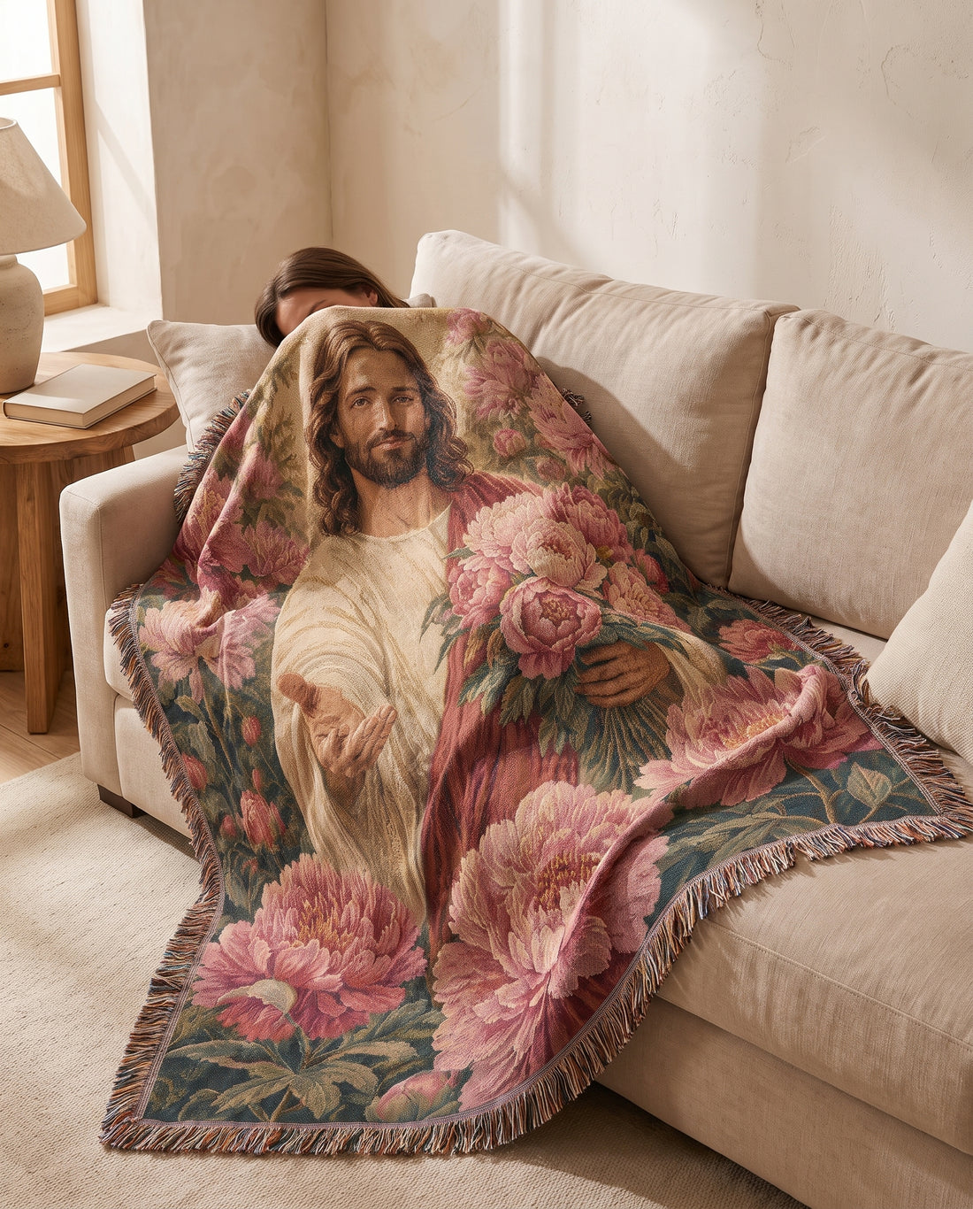 Resting sofa lifestyle - Jesus Bouquet of Grace Floral Woven Blanket