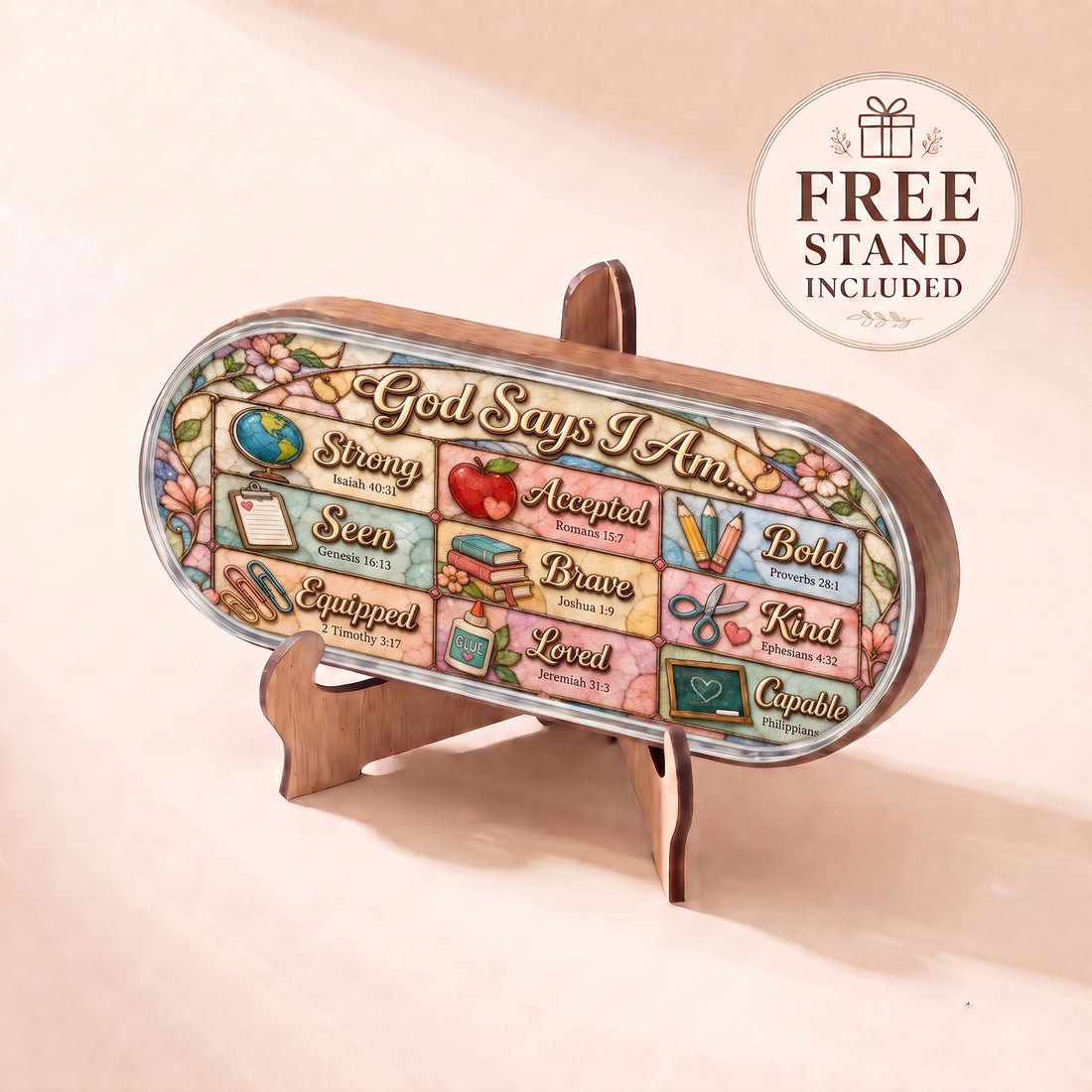 God Says I Am Christian teacher affirmations Pillcase displayed on included wooden stand