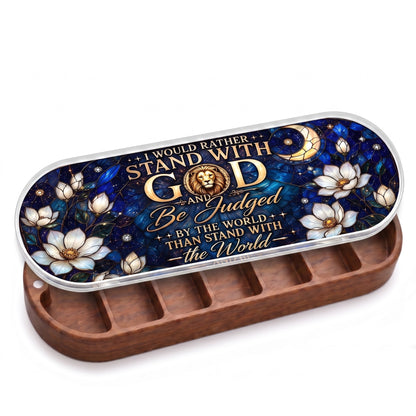 Open wooden Stand with God Pillcase with celestial lion-and-magnolia stained-glass-style lid on white