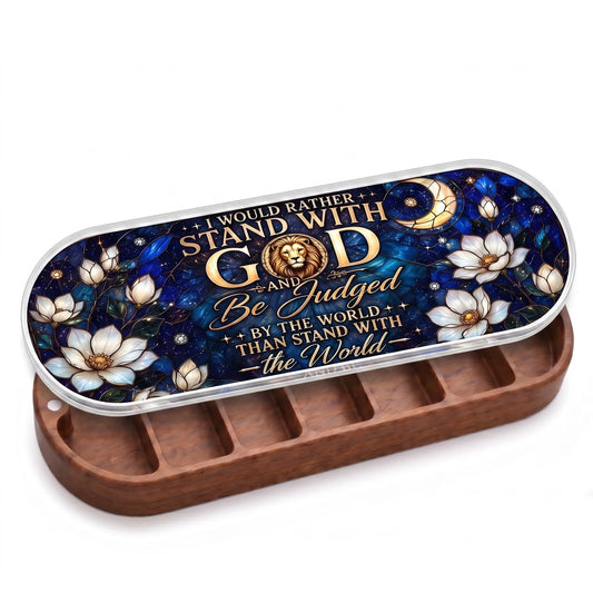 Open wooden Stand with God Pillcase with celestial lion-and-magnolia stained-glass-style lid on white