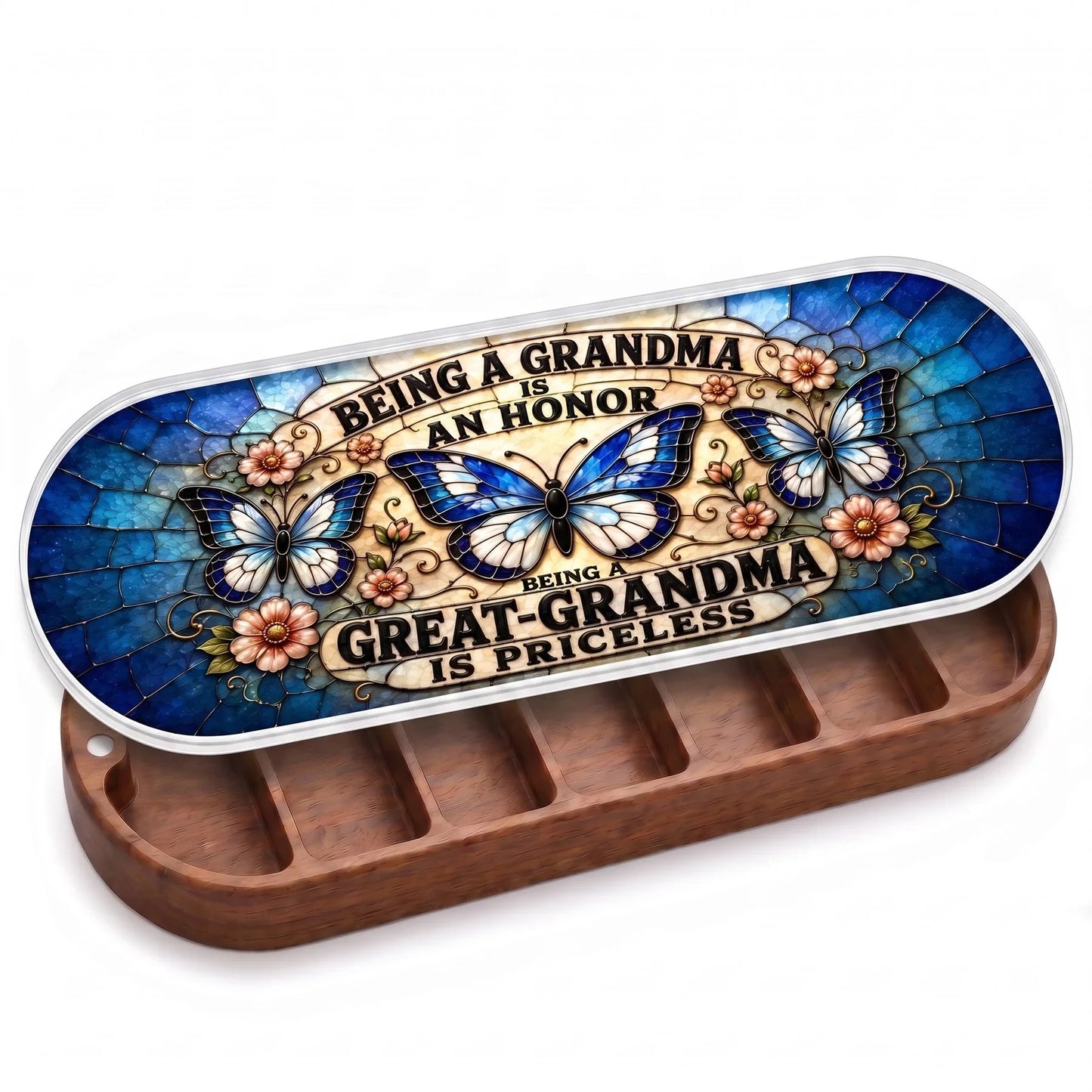 Open wooden Pillcase with Being a Grandma Is an Honor blue butterfly stained-glass-style lid on white
