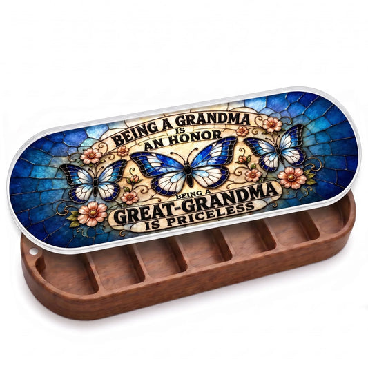 Open wooden Pillcase with Being a Grandma Is an Honor blue butterfly stained-glass-style lid on white