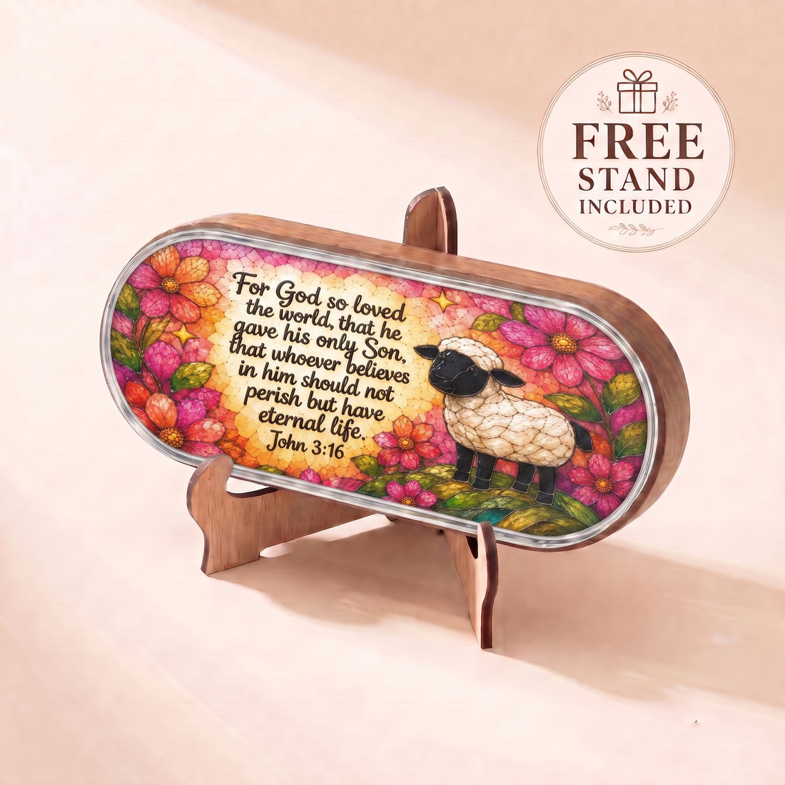 John 3:16 floral sheep stained-glass Pillcase lid displayed on included wooden stand