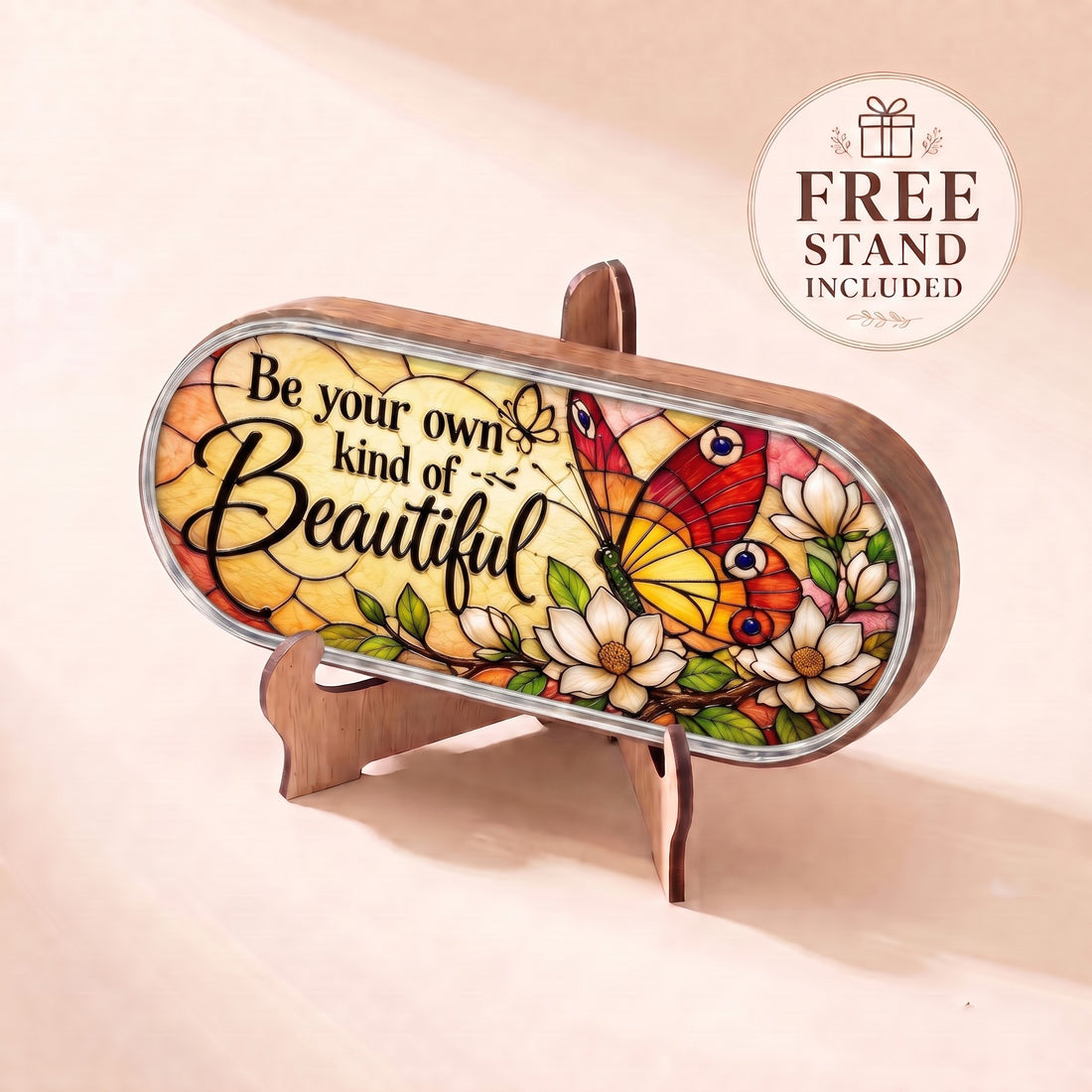 Be Your Own Kind of Beautiful butterfly and magnolia Pillcase displayed on included wooden stand