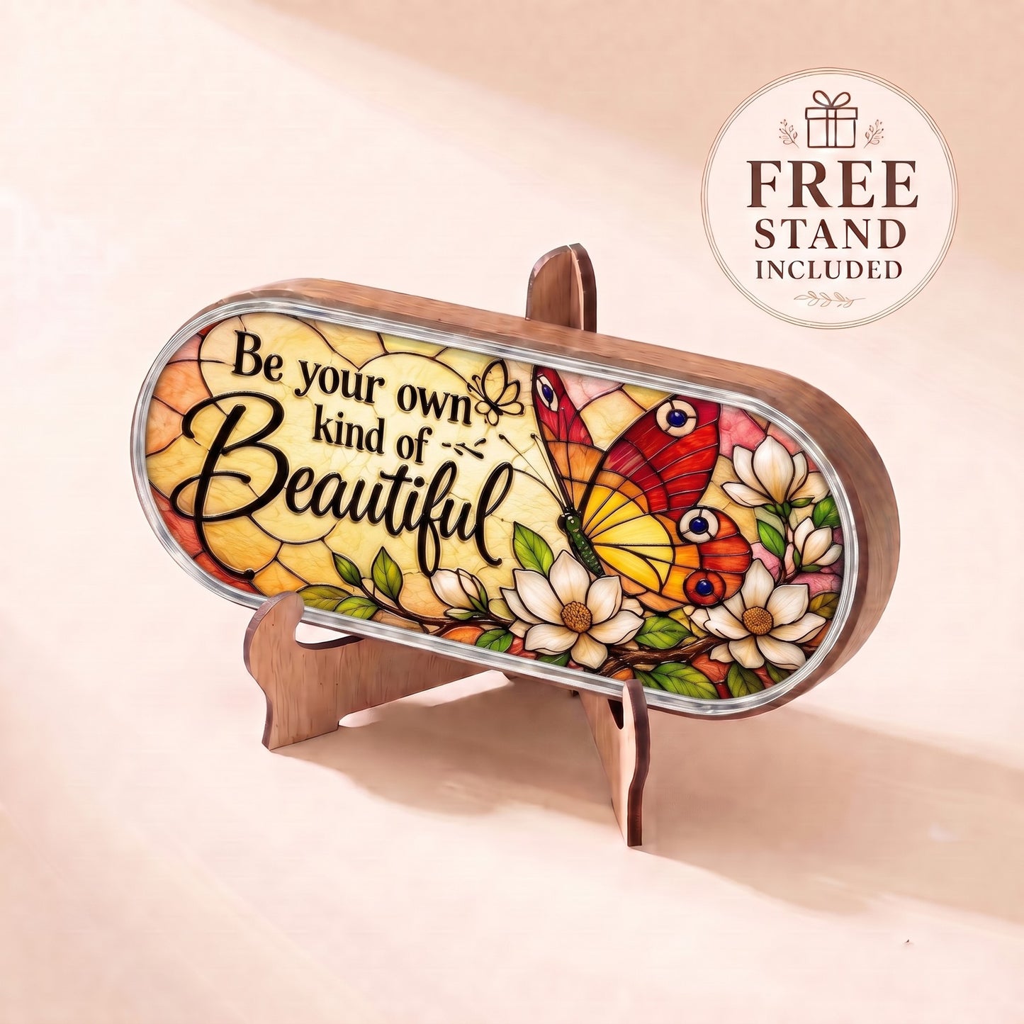 Be Your Own Kind of Beautiful butterfly and magnolia Pillcase displayed on included wooden stand