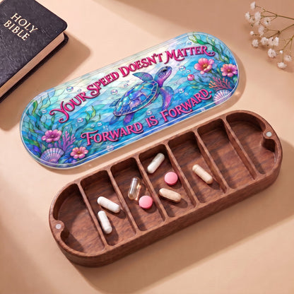 Open wooden Pillcase with sea turtle lid, Holy Bible and daily tablets