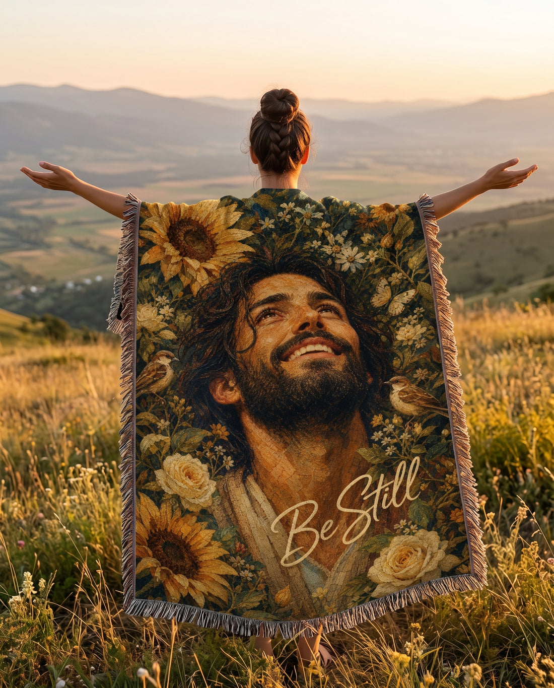 Be Still Sunflower Jesus Woven Blanket gallery image 4