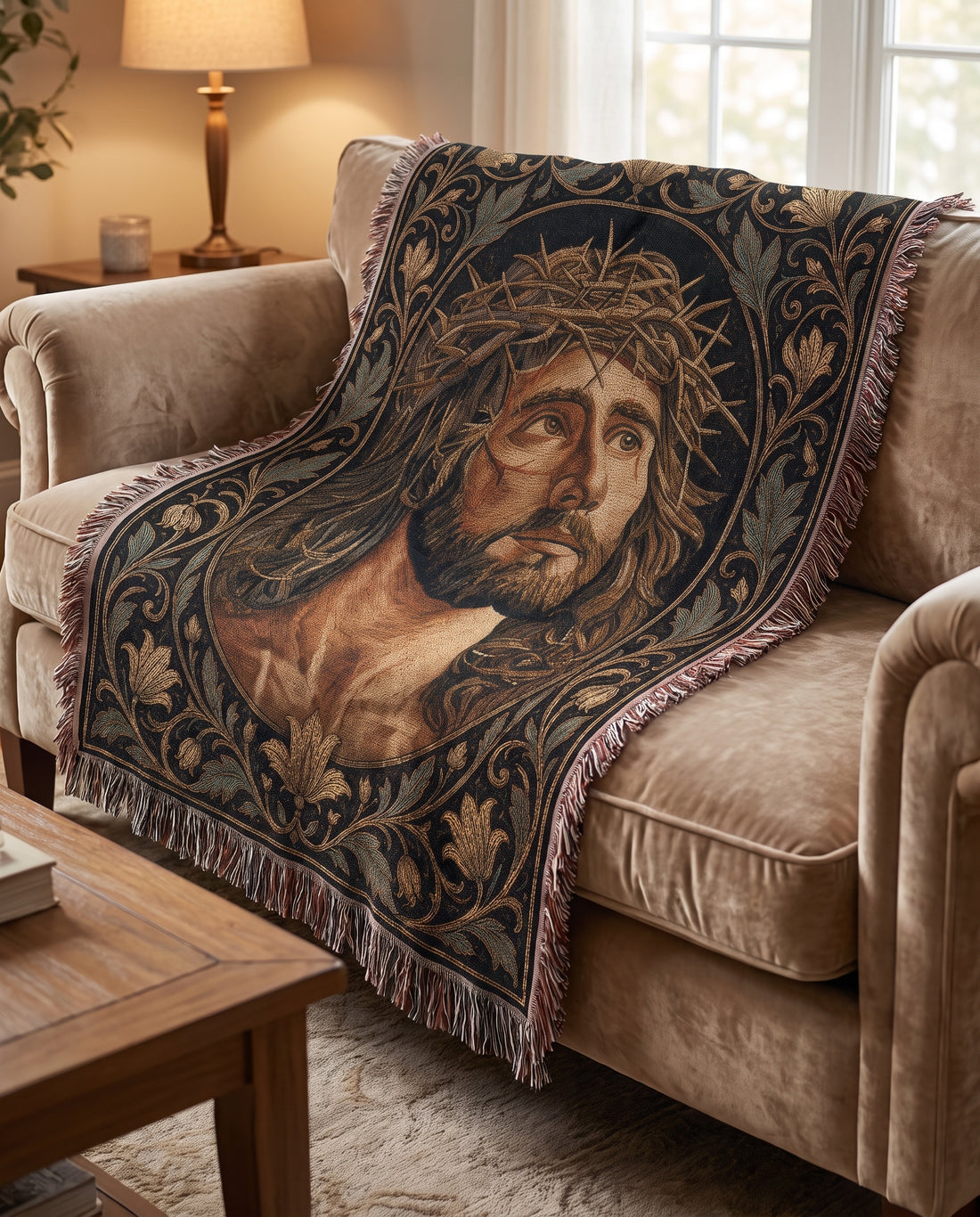 Sofa styling - Crown of Thorns Sacred Portrait Woven Blanket