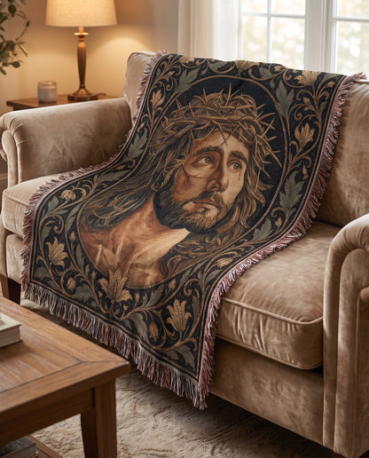 Sofa styling - Crown of Thorns Sacred Portrait Woven Blanket