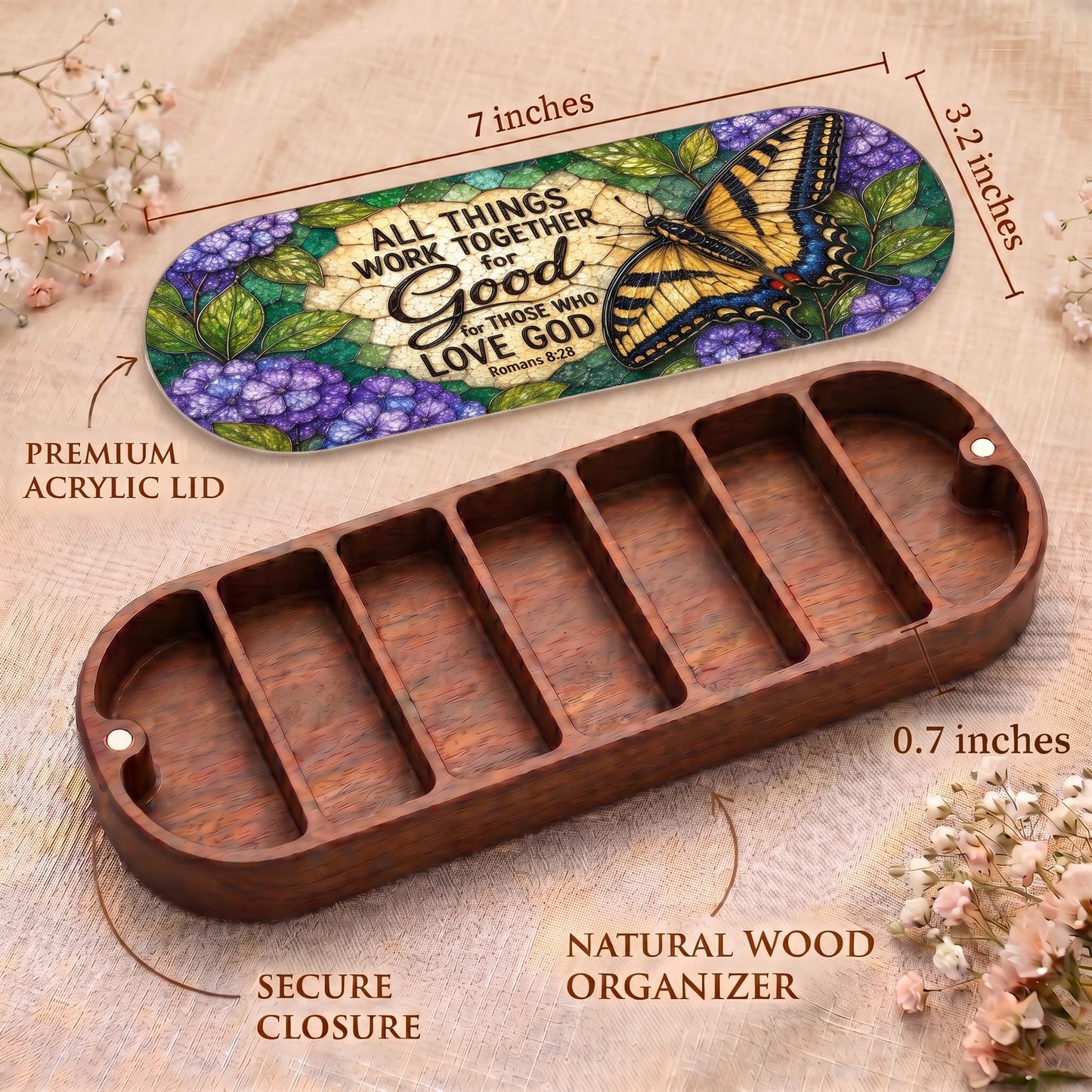 Romans 8:28 swallowtail butterfly floral Pillcase dimensions, acrylic lid, secure closure and natural wood organizer