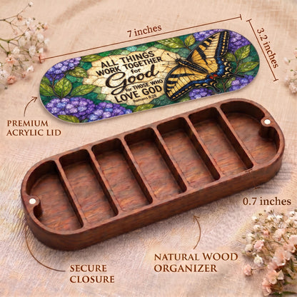 Romans 8:28 swallowtail butterfly floral Pillcase dimensions, acrylic lid, secure closure and natural wood organizer