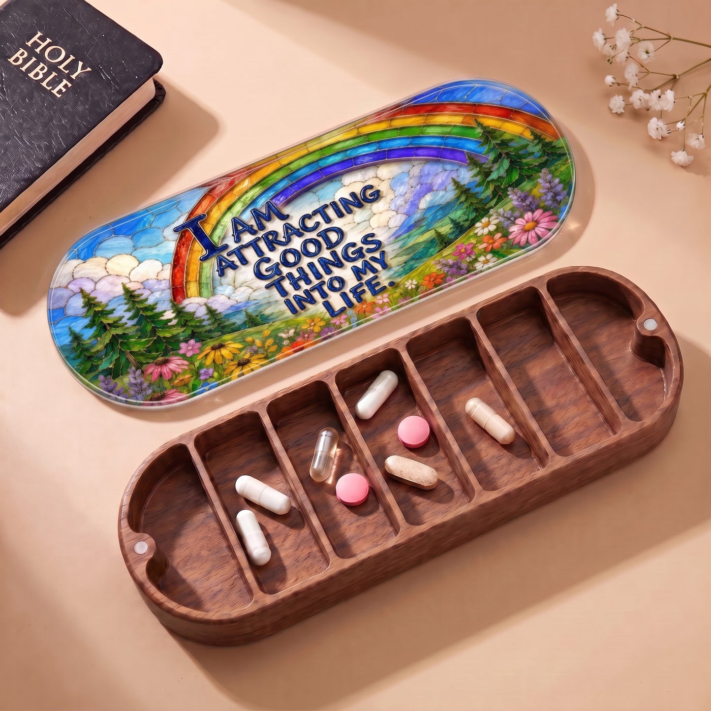 I Am Attracting Good Things Pillcase with rainbow lid, Holy Bible and daily tablets