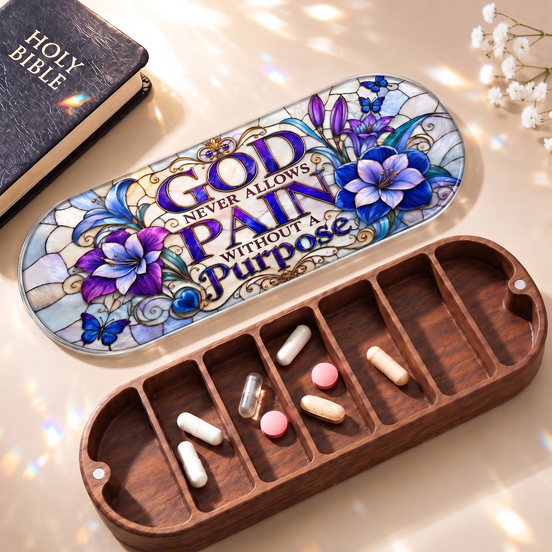 God Never Allows Pain Without a Purpose Pillcase with Holy Bible and daily tablets