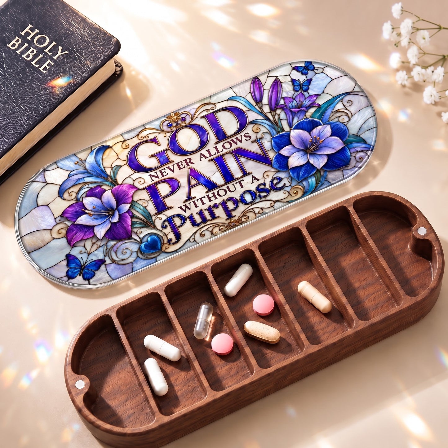 God Never Allows Pain Without a Purpose Pillcase with Holy Bible and daily tablets