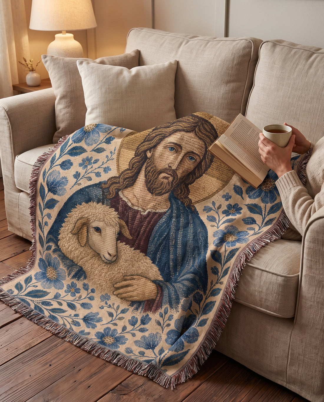 Good Shepherd of Grace - Blue Garden Woven Blanket - Good Shepherd blue garden woven blanket reading lifestyle