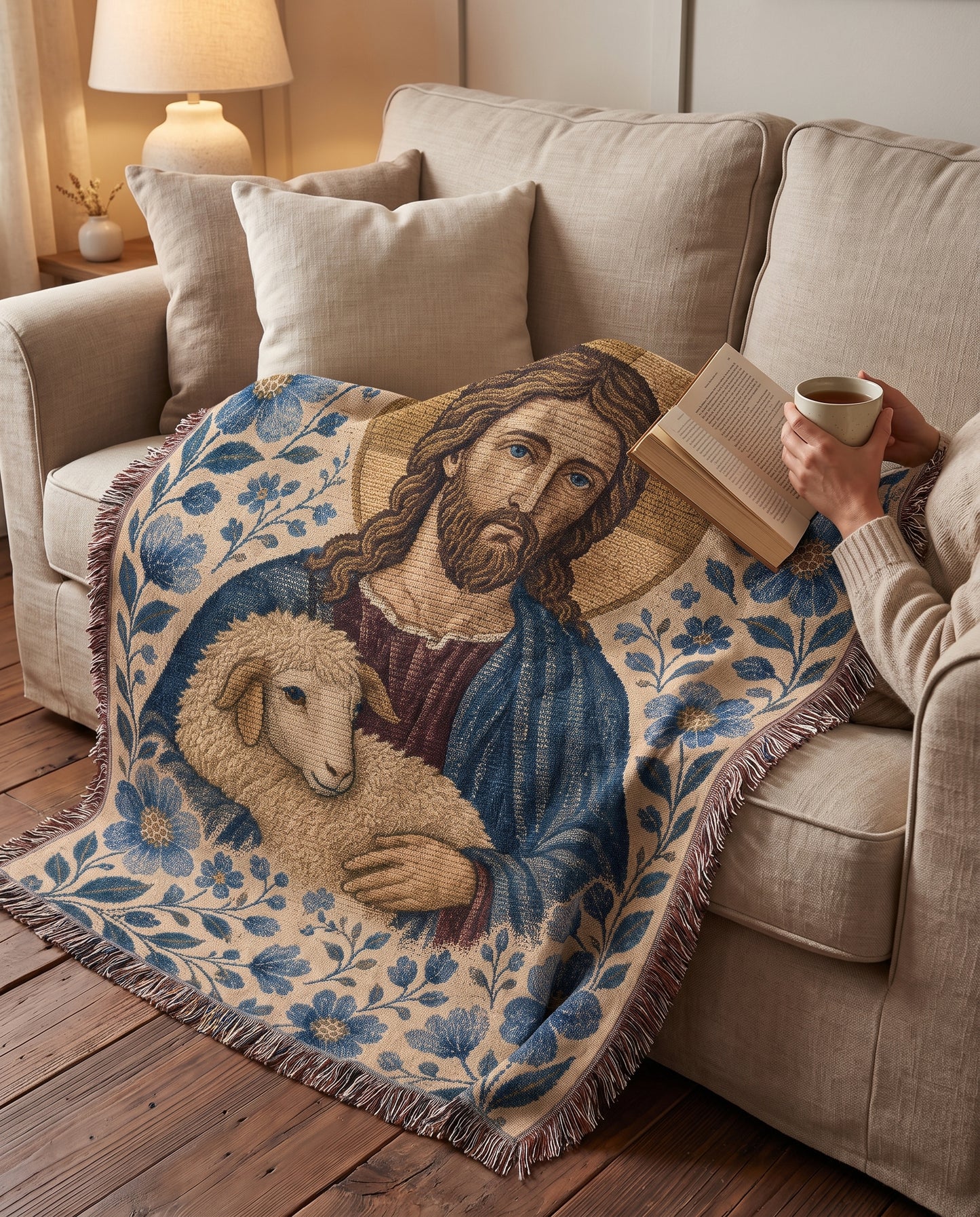 Good Shepherd of Grace - Blue Garden Woven Blanket - Good Shepherd blue garden woven blanket reading lifestyle