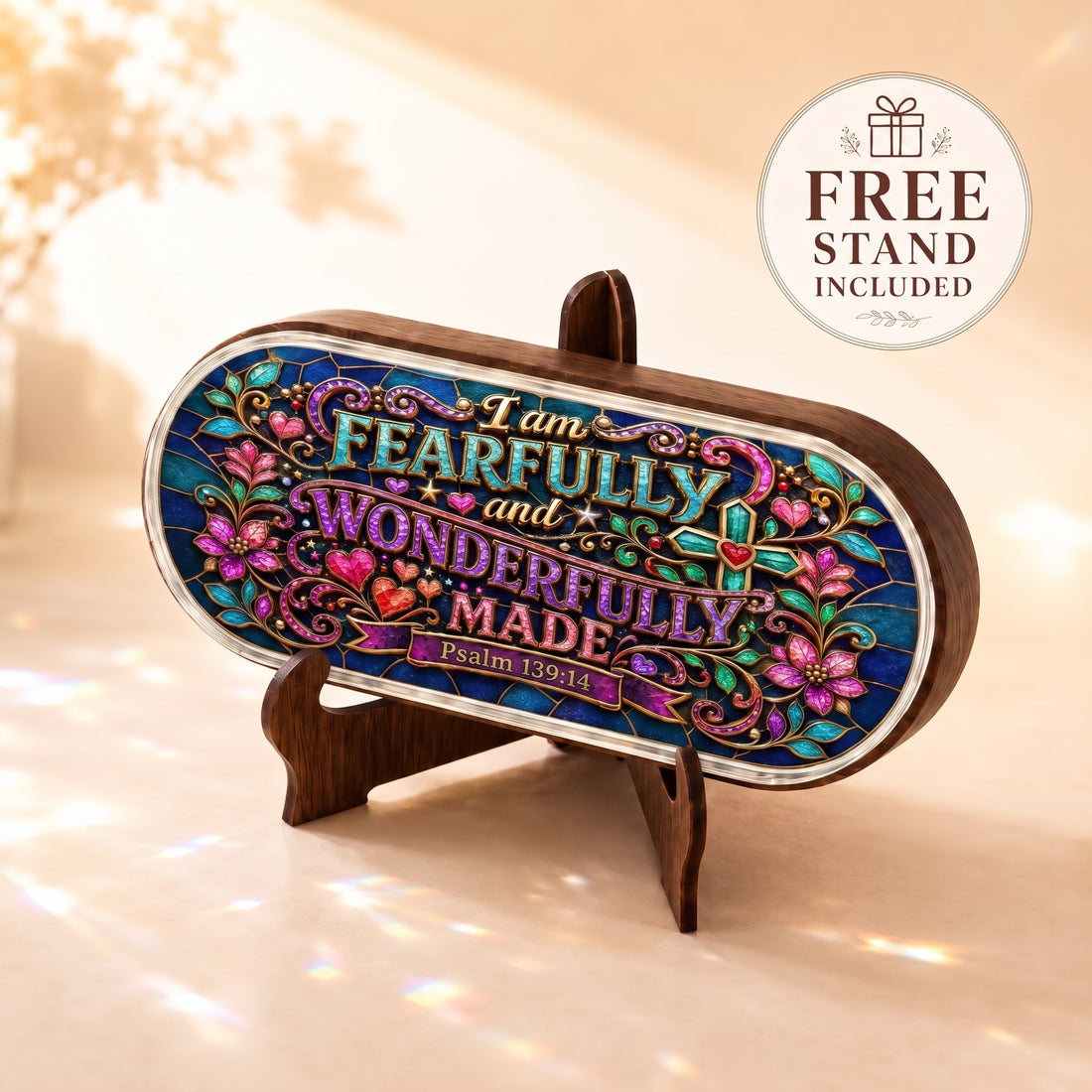I Am Fearfully and Wonderfully Made Psalm 139:14 Pillcase displayed on the included wooden stand
