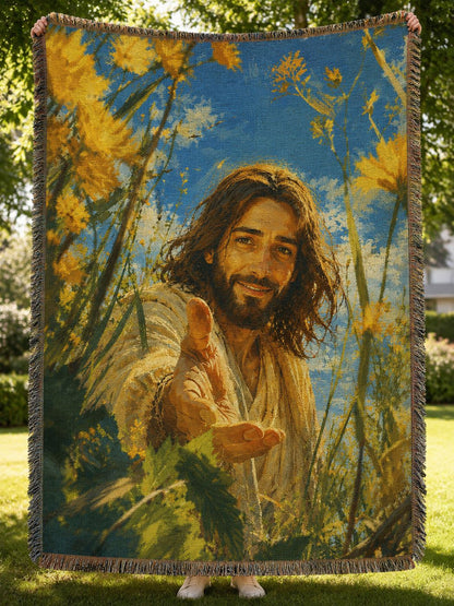 Reach for Me - Jesus in the Golden Meadow Woven Blanket
