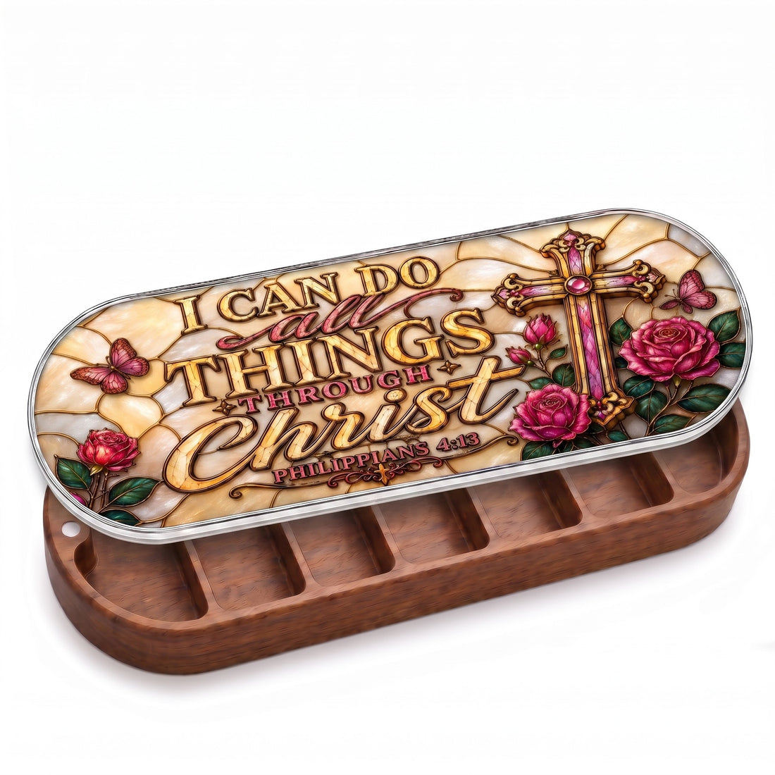 Open wooden Philippians 4:13 Pillcase with pink rose-and-cross stained-glass-style lid on white