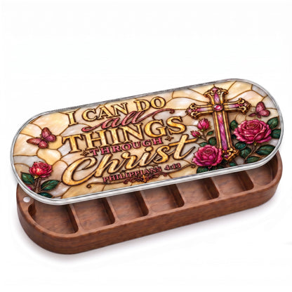 Open wooden Philippians 4:13 Pillcase with pink rose-and-cross stained-glass-style lid on white