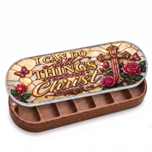 Open wooden Philippians 4:13 Pillcase with pink rose-and-cross stained-glass-style lid on white