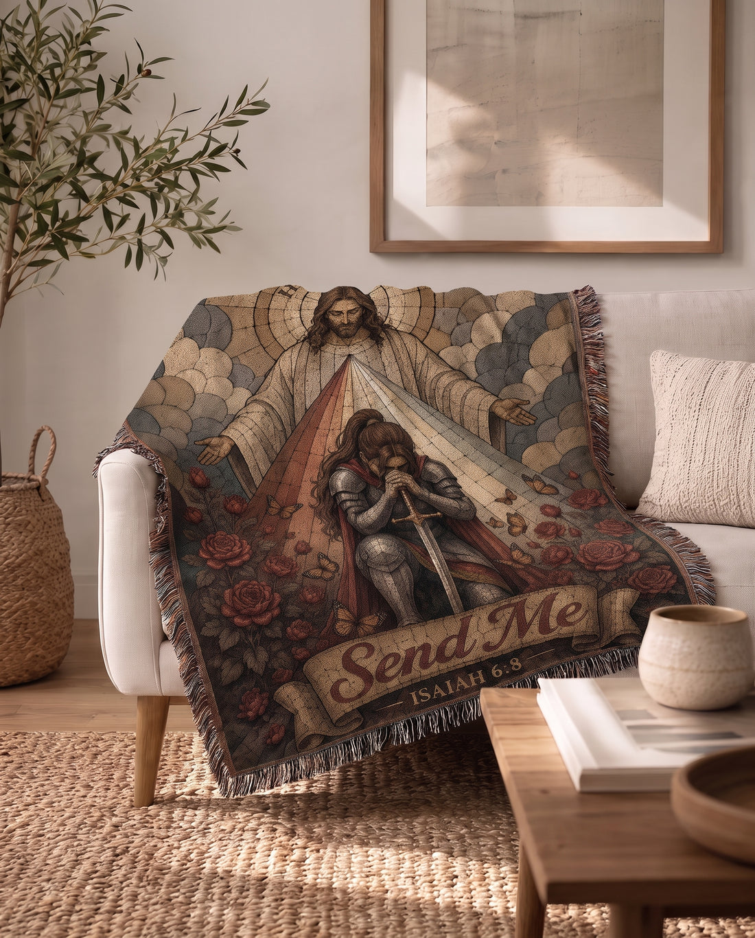 Here I Am Send Me Isaiah 6:8 woven blanket draped over sofa