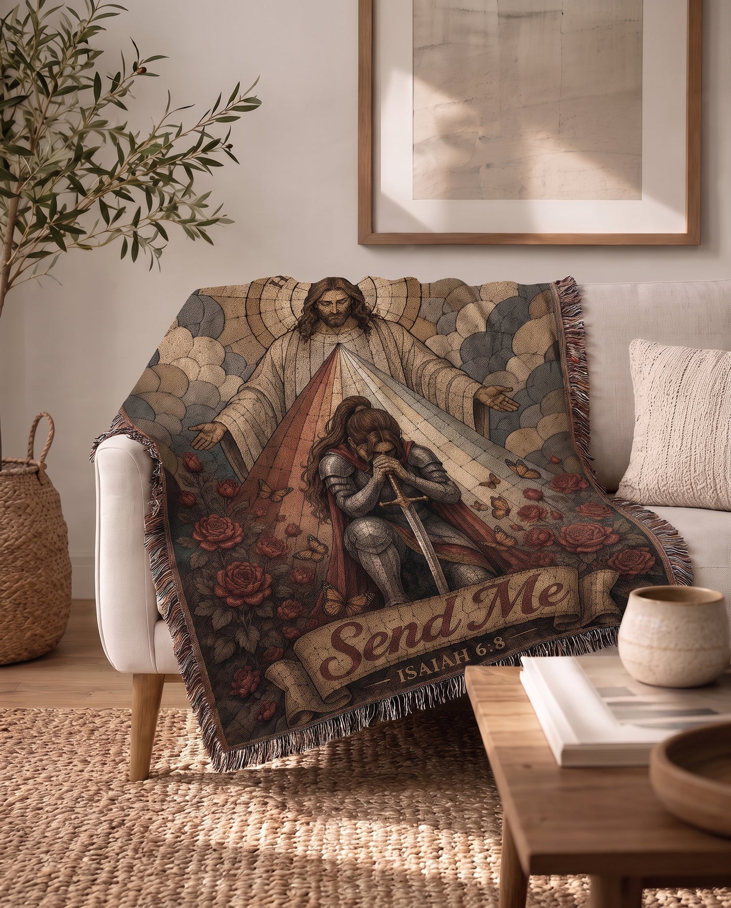 Here I Am Send Me Isaiah 6:8 woven blanket draped over sofa