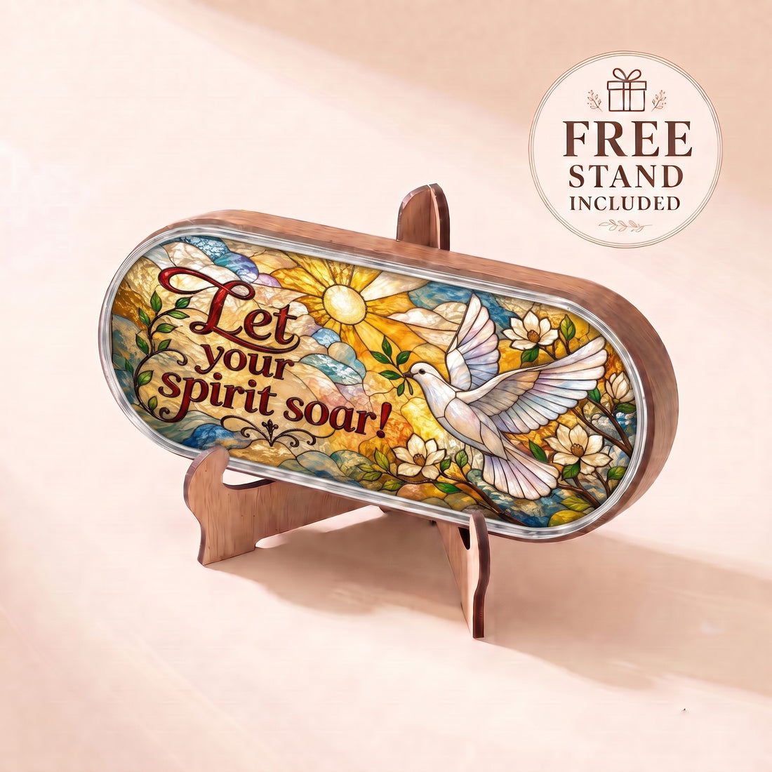 Let Your Spirit Soar dove and golden sun Pillcase displayed on included wooden stand