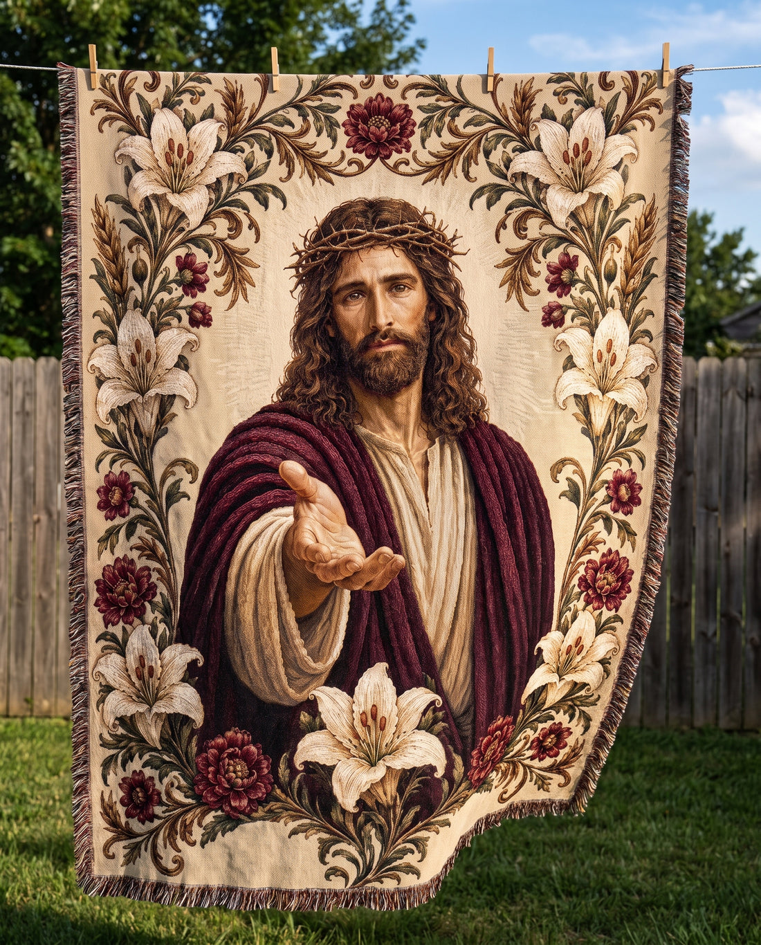 Crown of Thorns Jesus Floral Woven Blanket mockup 3