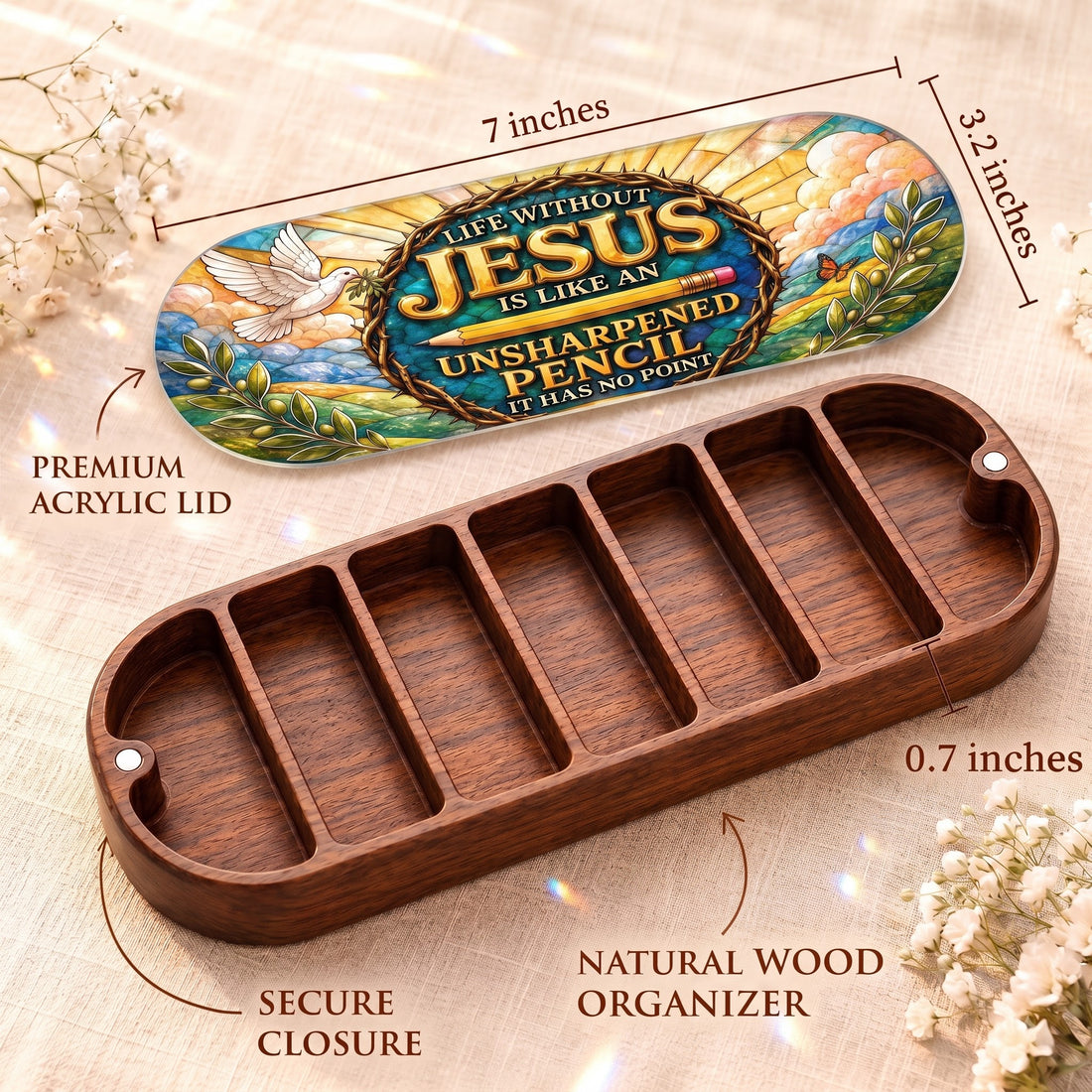 Life Without Jesus Pillcase dimensions showing premium acrylic lid, secure closure and natural wood organizer