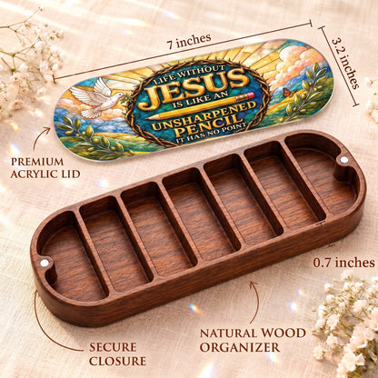 Life Without Jesus Pillcase dimensions showing premium acrylic lid, secure closure and natural wood organizer