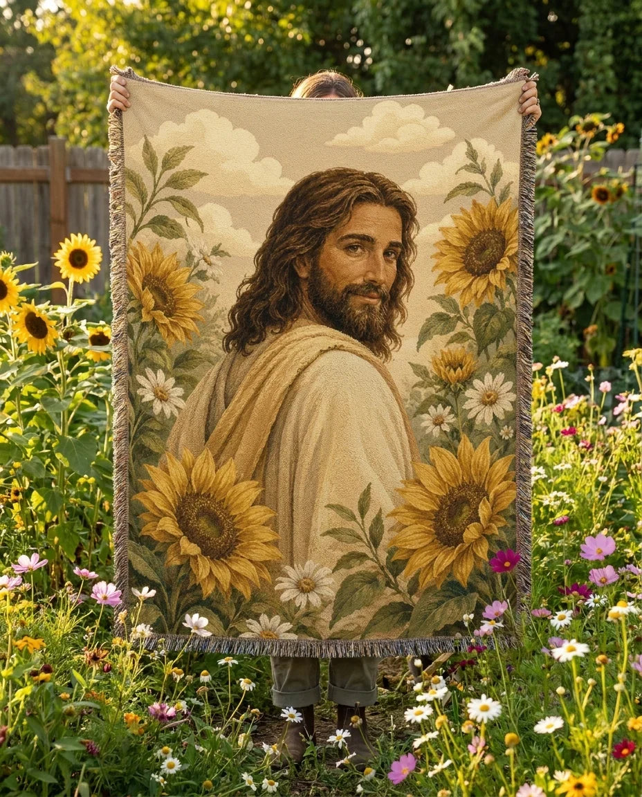 Jesus Among Sunflowers Garden Woven Blanket