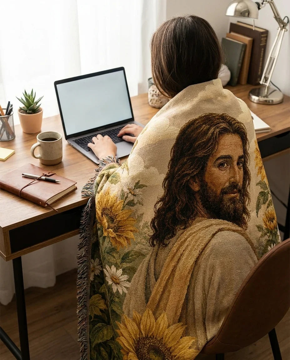 Jesus Among Sunflowers Garden Woven Blanket