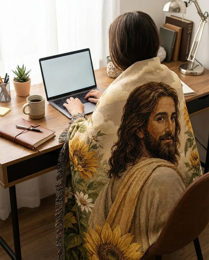 Jesus Among Sunflowers Garden Woven Blanket