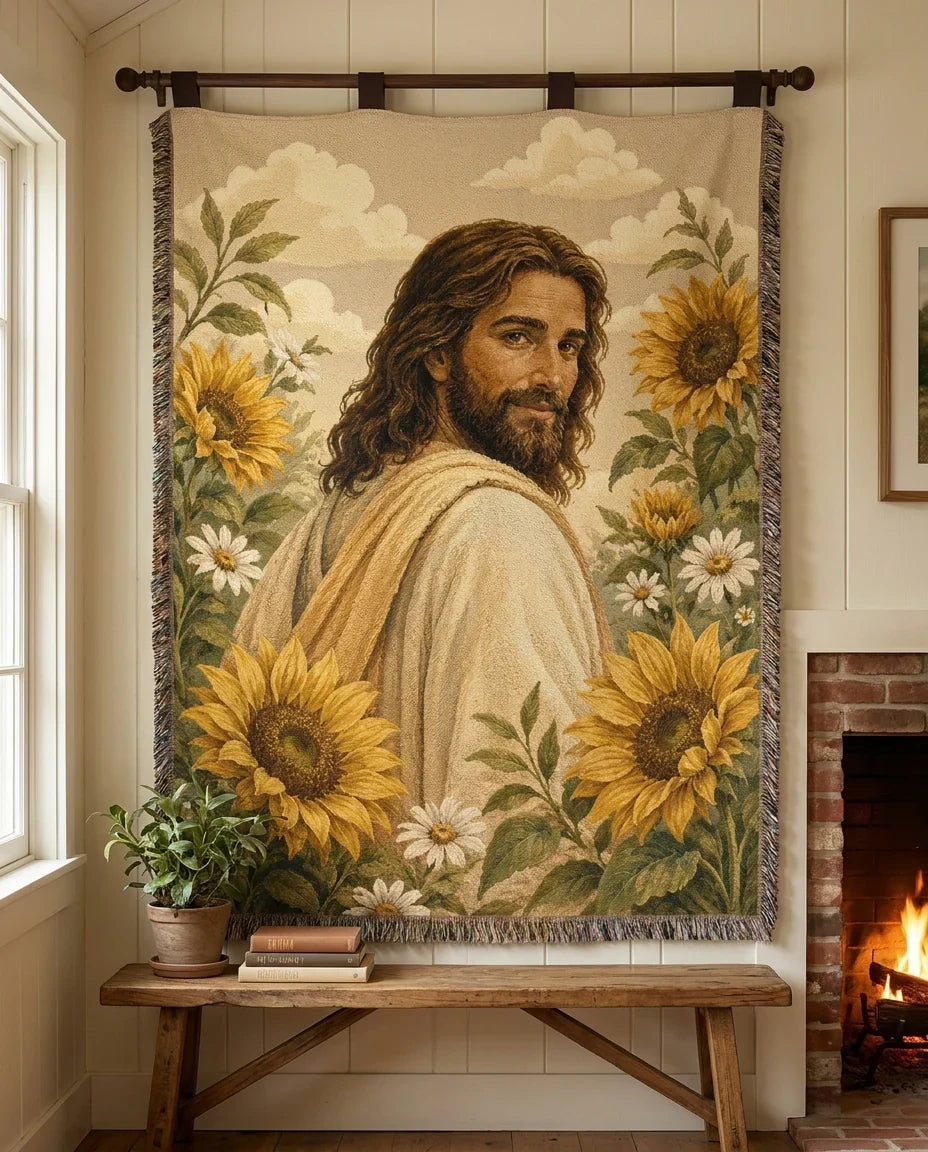 Jesus Among Sunflowers Garden Woven Blanket