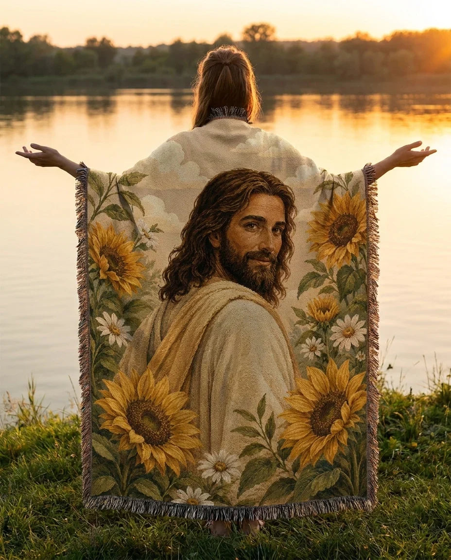 Jesus Among Sunflowers Garden Woven Blanket