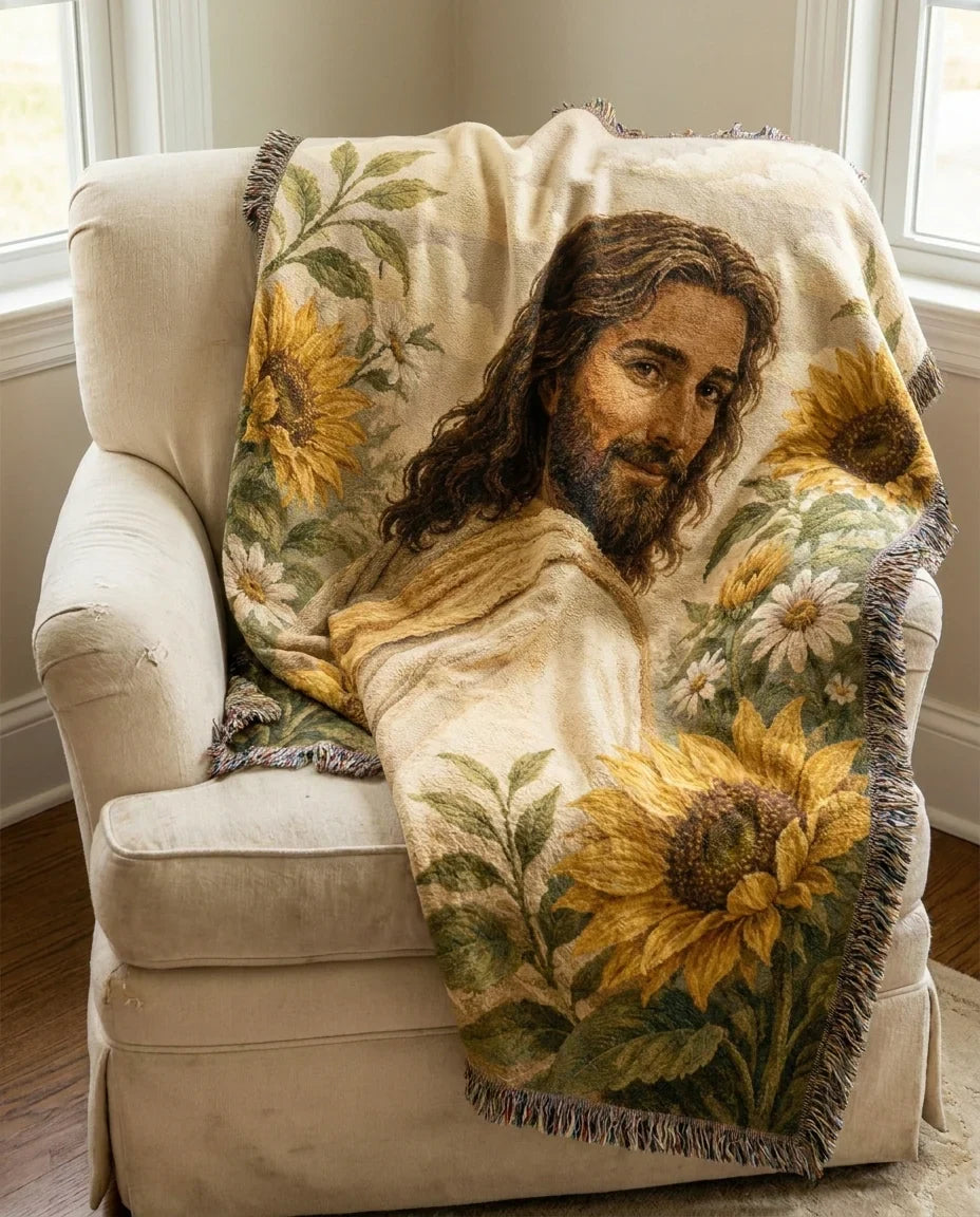 Jesus Among Sunflowers Garden Woven Blanket
