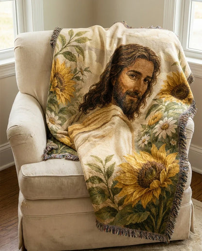 Jesus Among Sunflowers Garden Woven Blanket