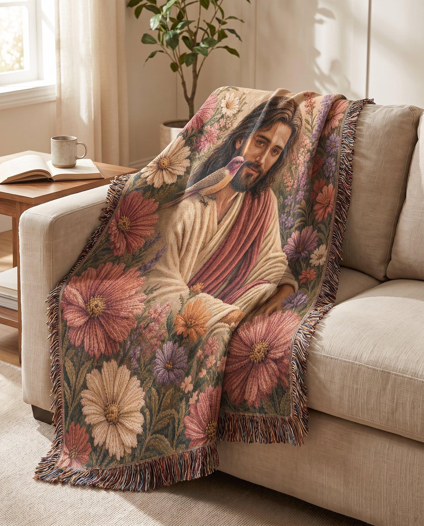Jesus and the Garden Dove Floral Woven Blanket