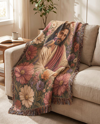 Jesus and the Garden Dove Floral Woven Blanket