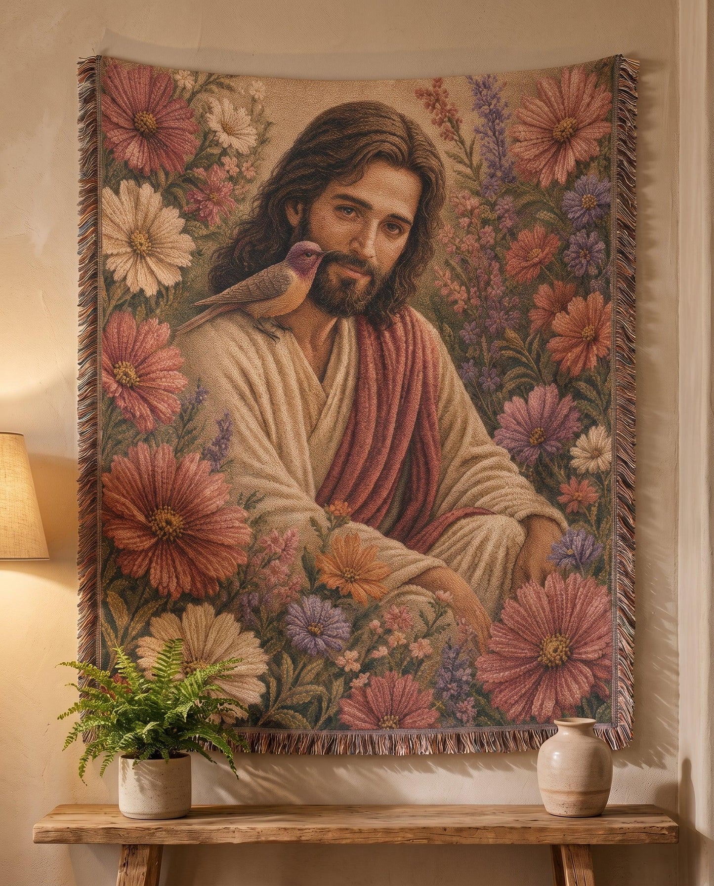 Jesus and the Garden Dove Floral Woven Blanket