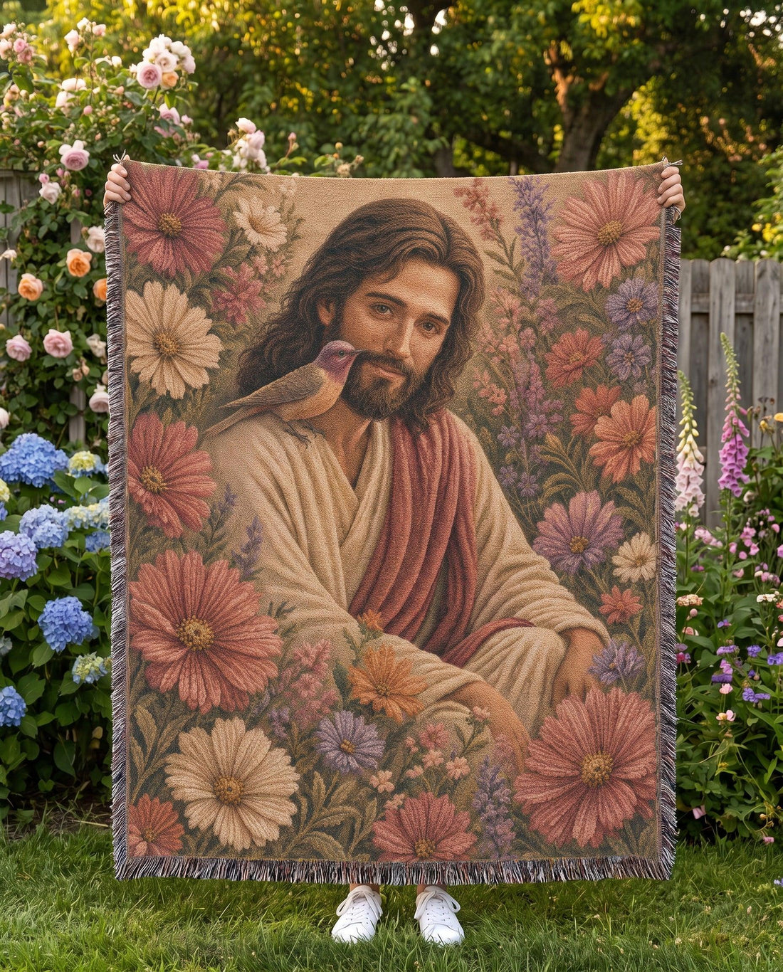Jesus and the Garden Dove Floral Woven Blanket