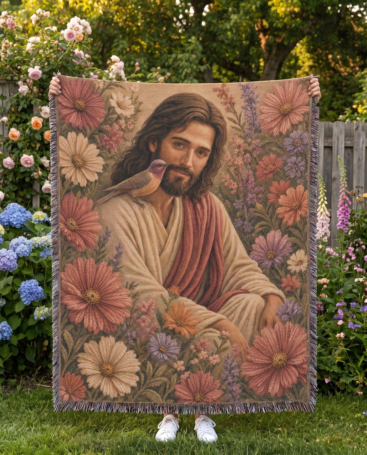 Jesus and the Garden Dove Floral Woven Blanket