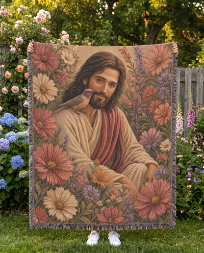 Jesus and the Garden Dove Floral Woven Blanket