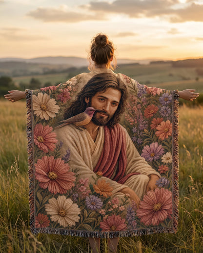 Jesus and the Garden Dove Floral Woven Blanket