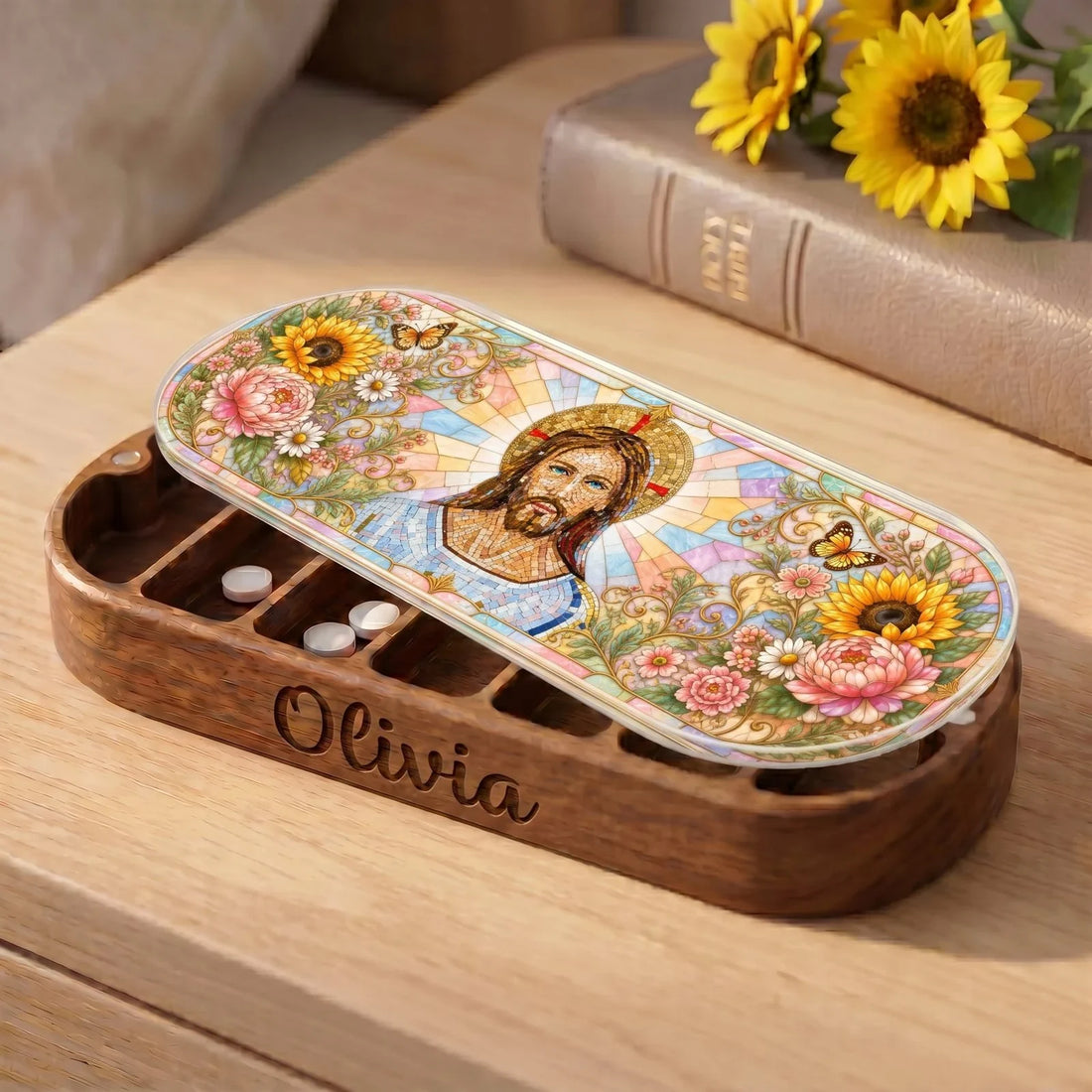 Jesus Floral Stained Glass Personalized Pill Case product image 1