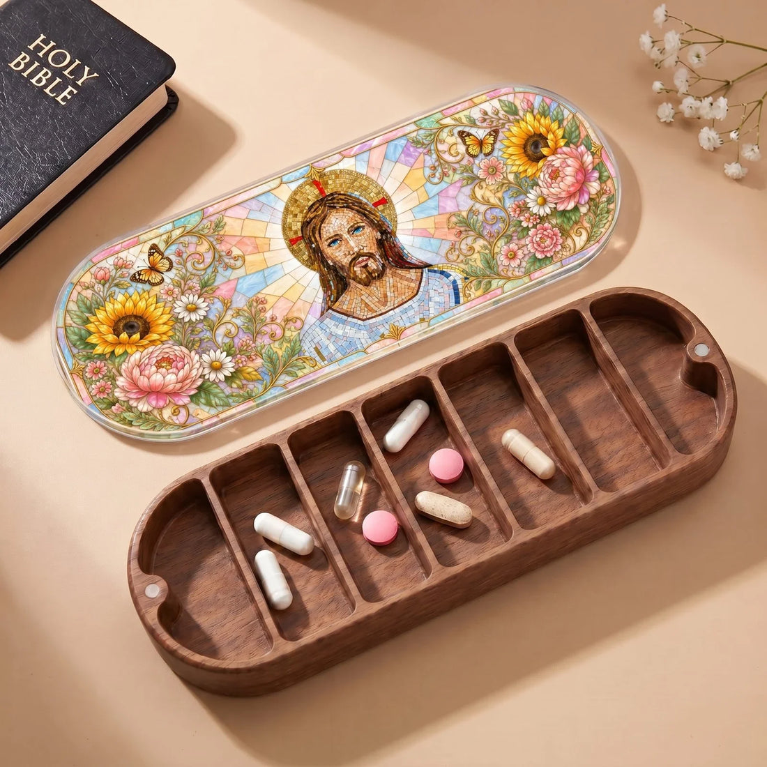 Jesus Floral Stained Glass Personalized Pill Case product image 2
